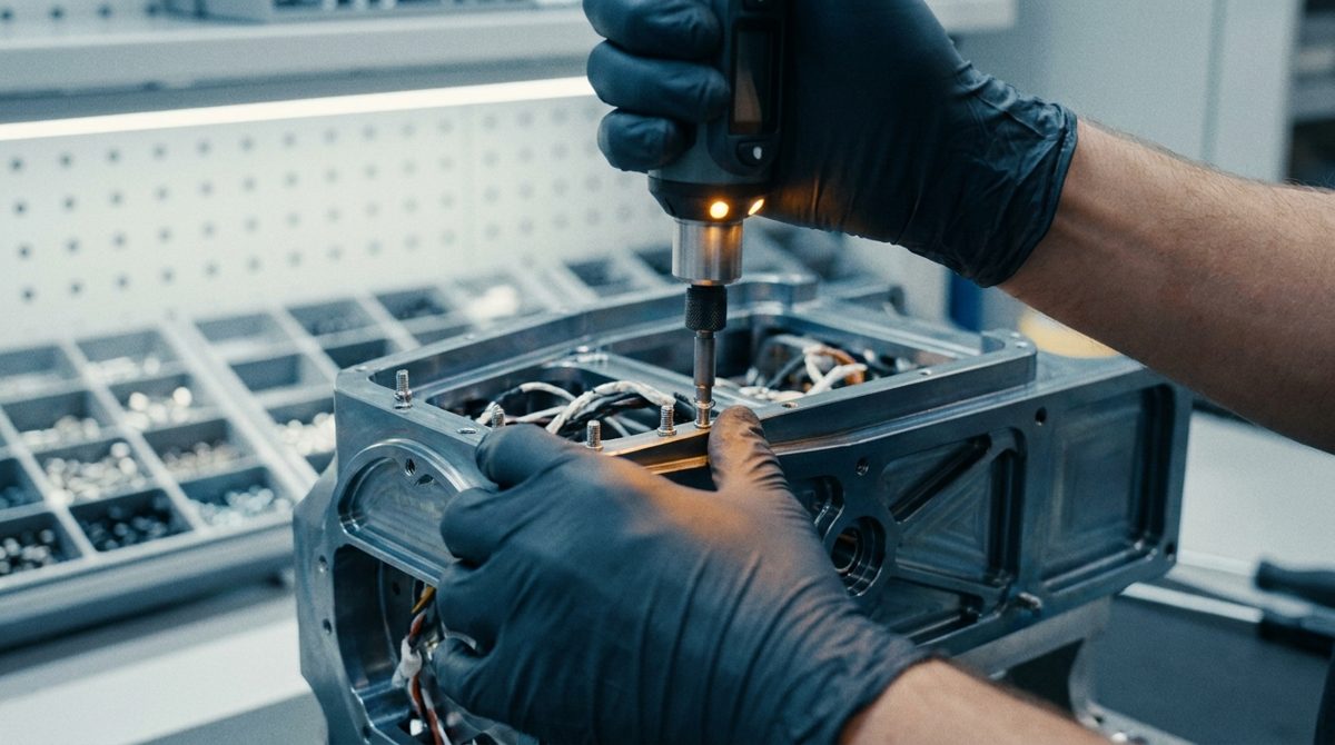 Technician hands installing hardware into a machined assembly