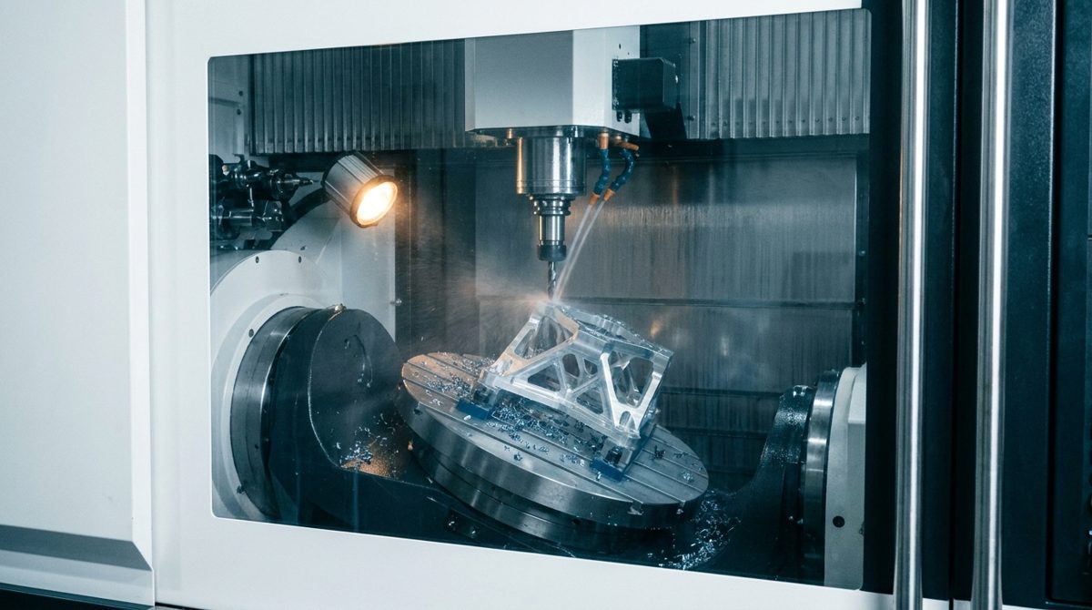 5-axis CNC machining center cutting an aluminum part