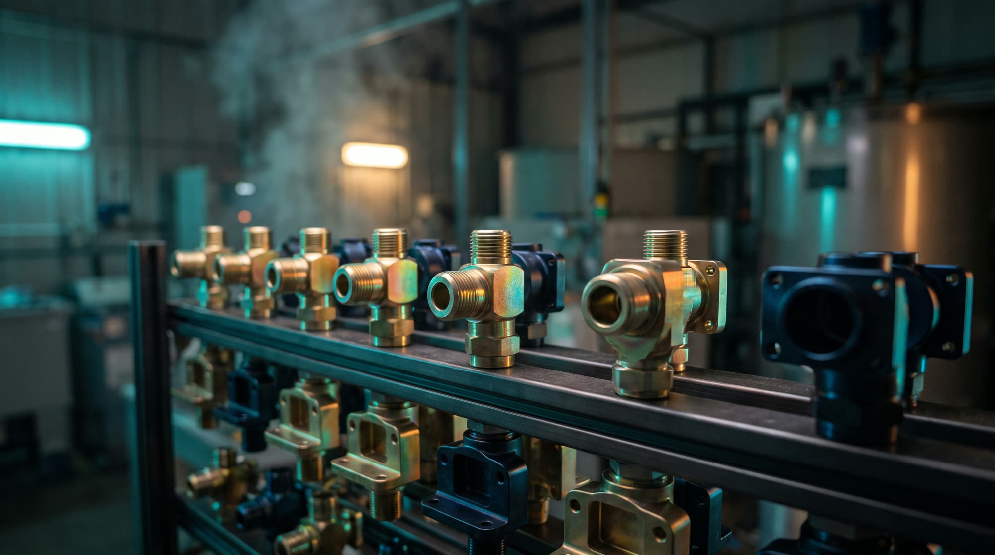 Machined parts on an anodizing rack with chem-film finish
