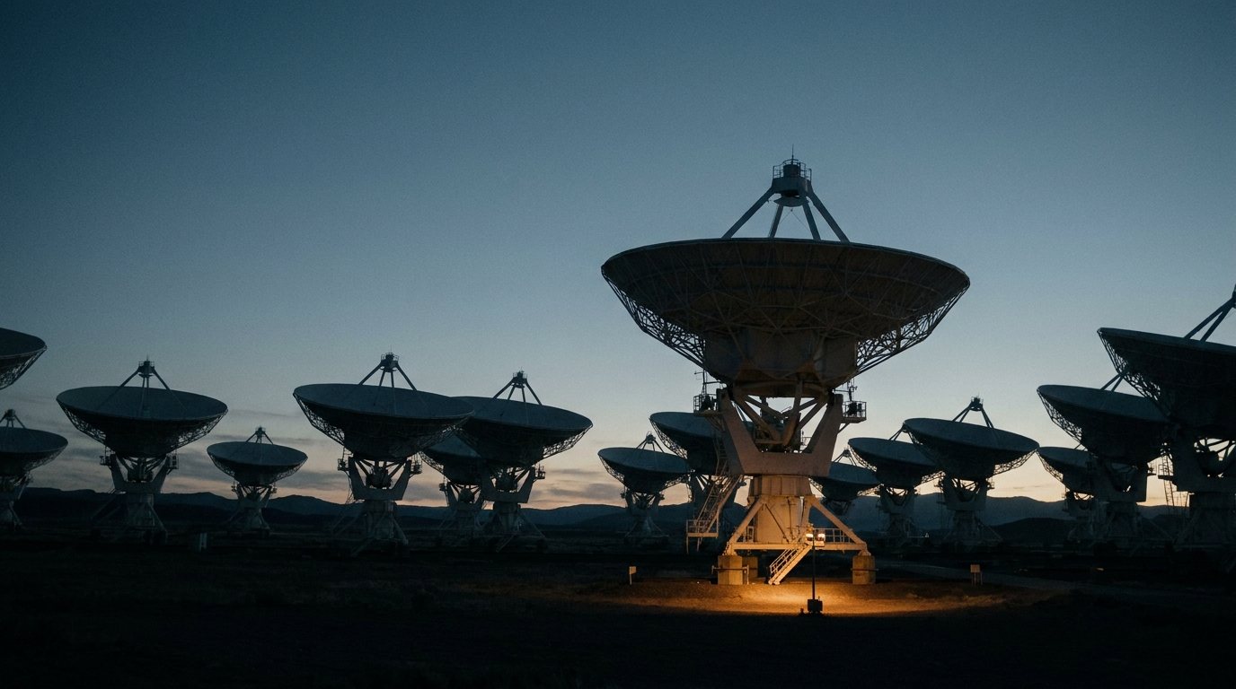 Telecommunications dish antenna array at dusk