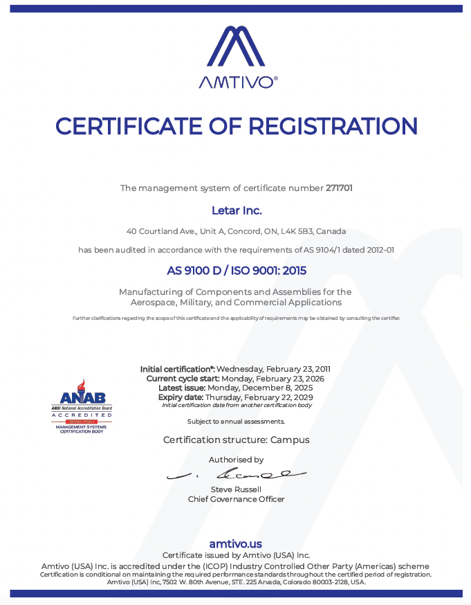 Letar Inc. AS9100D and ISO 9001:2015 certificate